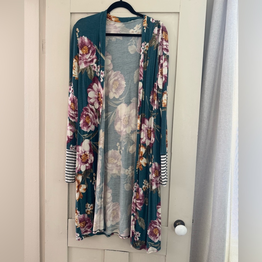Teal Floral Open Front Cardigan | Boutique Style | Size L